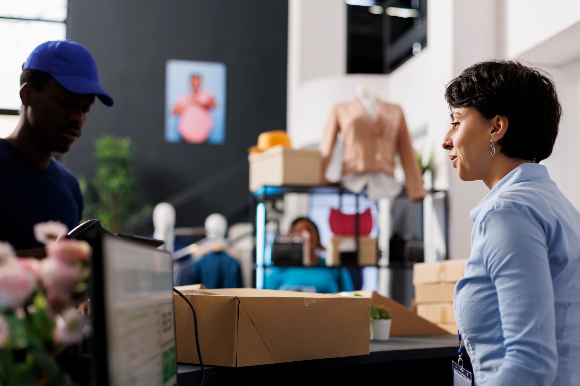 responsable-de-magasin-discutant-de-la-livraison-avec-un-livreur-préparant-des-colis-employé-d'une-boutique-moderne-debout-derrière-un-comptoir-travaillant-sur-une-commande-en-ligne-vérifiant-un-rapport-logistique-sur-un-ordinateur responsable-de-magasin-discutant-de-la-livraison-avec-un-livreur-préparant-des-colis-employé-d'une-boutique-moderne-debout-derrière-un-comptoir-travaillant-sur-une-commande-en-ligne-vérifiant-un-rapport-logistique-sur-un-ordinateur
